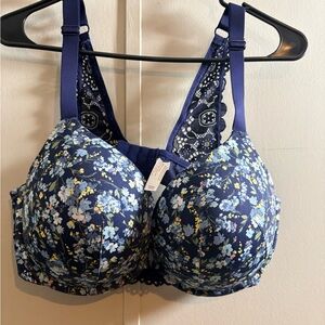 Cacique Lane Bryant Boost Plunge Bra – 40DD – Navy Blue Floral with Lace Back